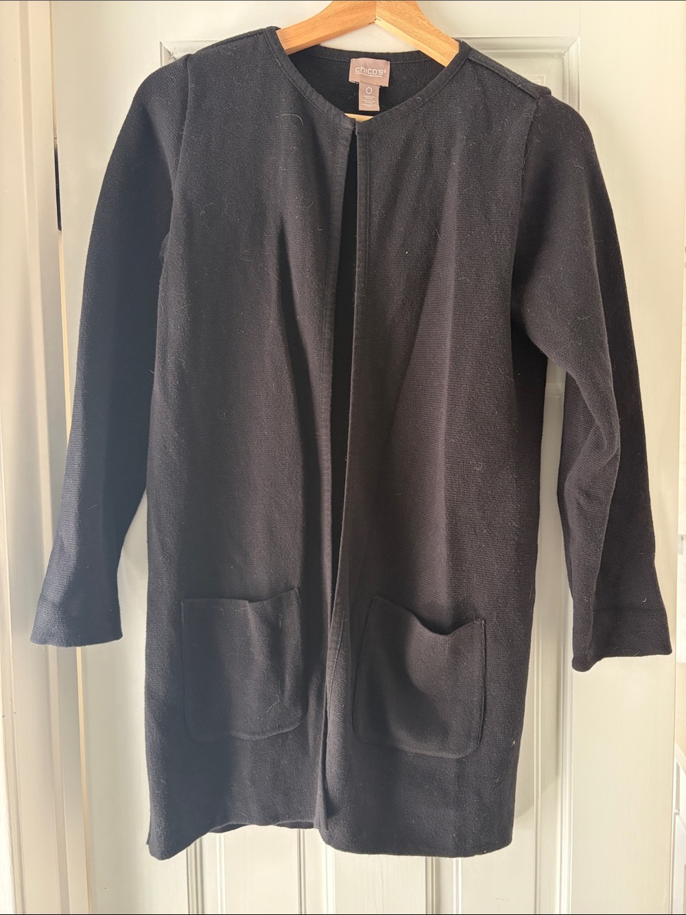 Chico's Black Long Open Cardigan with Patch Pockets